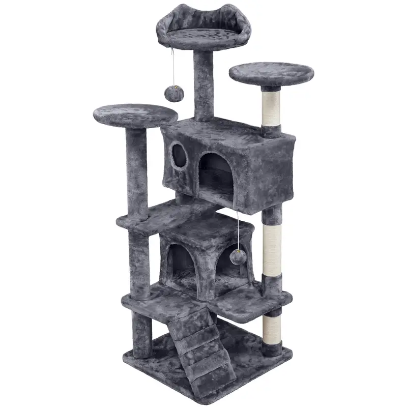 Costoffs Cat Tree 54in/70in/62in Cat Tower Condo with 2 Condos & 2 Dangling Balls & 3 Scratching Posts Large Cat House for for Kittens & Cats, Dark