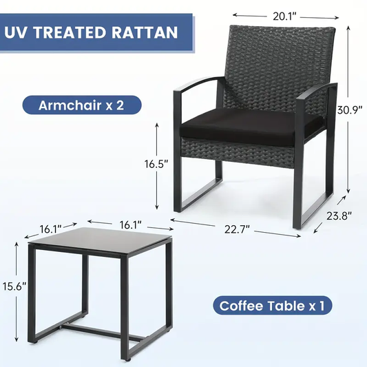3pcs Outdoor Patio Furniture Set, 2 Waterproof Chairs And 1 Table Bistro Furniture Set, Wicker Rattan Conversation Set, Thick Cushions with Safety Glass Table Top,