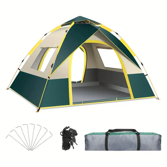Automatic Instant Setup Camping Tent - 1-3/3-4 Person All-Season Tent With Dual Doors & Mesh Windows, Waterproof Windproof Lightweight Green/Yellow Tent For Camping, Hiking, Hunting, Travel, Outdoor Shelter, Campers Accessories