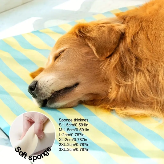 Striped Cooling Pet Mat for Dogs & Cats - Washable, Portable Summer Chill Pad with Cartoon Design, Blue & Yellow Stripes, Ideal for Medium to Large Breeds, Cooling Mat for Dogs