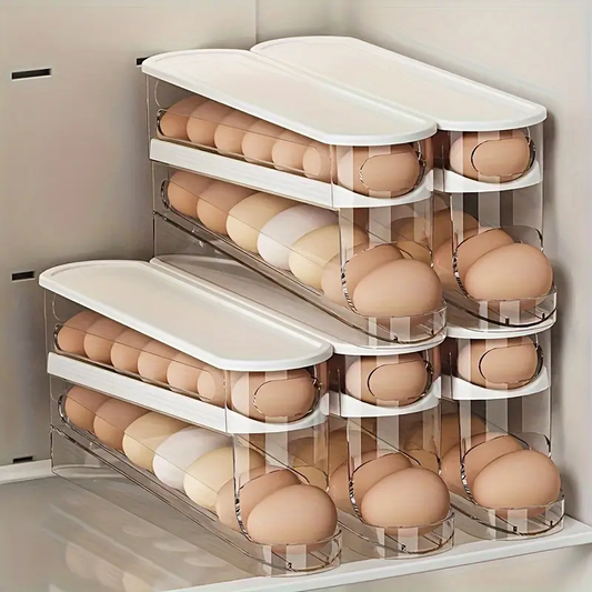 Rolling Egg Storage Box for Fridge, Side Door Egg Holder Organizer, Plastic Egg Tray with Lid, Space-Saving Egg Rack for Refrigerator
