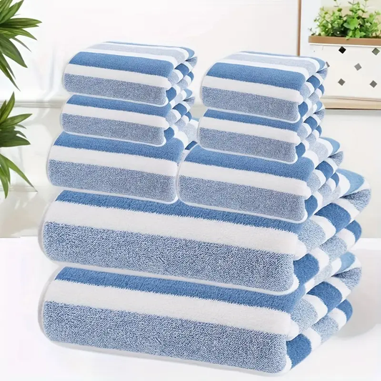 8pcs Non-Shedding Super Absorbent Ultra Soft Five-Star Hotel Standard Two-Tone Striped Bath Towel Set, Including 2 Large Bath Towels and 4 Bath Towels
